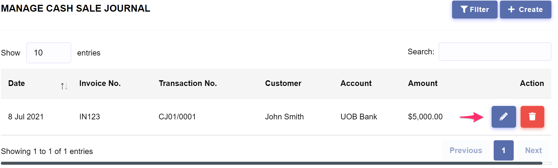 Income > Cash Sale Journal > Update or Delete Cash Sale Journal